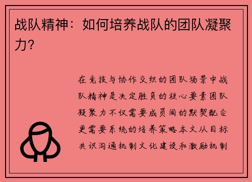 战队精神：如何培养战队的团队凝聚力？