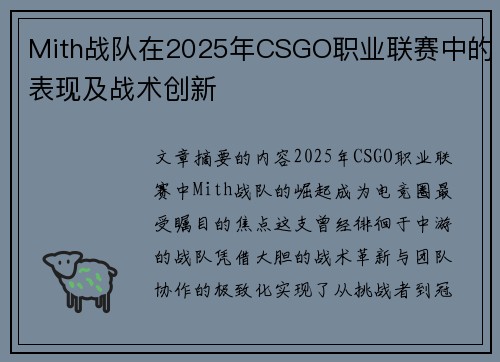 Mith战队在2025年CSGO职业联赛中的表现及战术创新